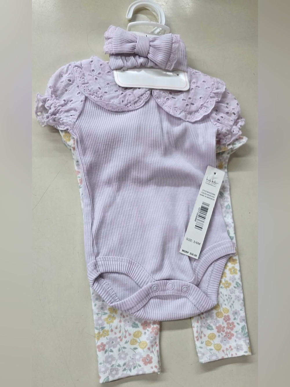 Lavender Ribbed Baby Bodysuit with Bow Headband and Bib